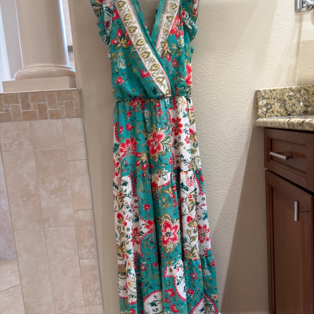 Elegant Teal and Pink Floral Maxi Dress